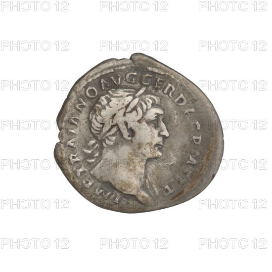 Denarius of Trajan (53–117; Roman emperor 98–117). Obverse: head of Trajan right, decorated with a laurel wreath; rim inscription: IMP TRAIANO AVG GER DAC PM TRP. Reverse: Spes (personification), standing left, wearing a long robe with draperies, holding a flower in her right outstretched hand, slightly raising/supporting her robe with her left hand; rim inscription: COS VP P SPQR OPTIMO PRINC. Date: 103–111. Rome, Roman Empire (27 BC–476). Coin, weight 3.25 g.