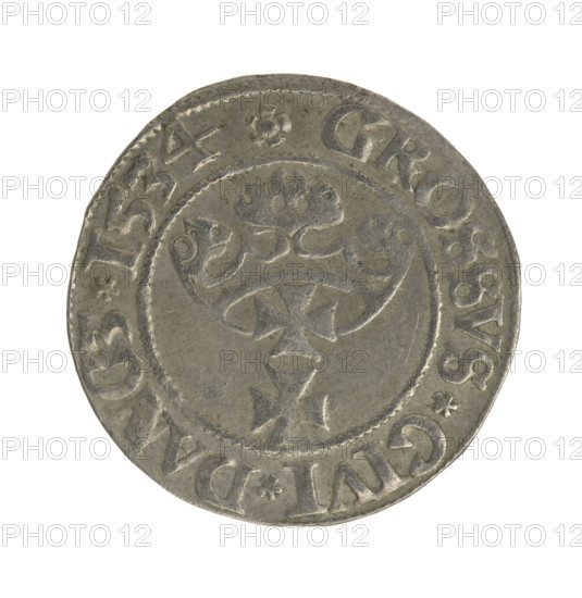 Gdansk grosz, Sigismund I the Old (King of Poland; 1506–1548). Polish coin (1534). Obverse: Crowned male bust in profile turned to the right; in the rim between pearl-shaped borders an inscription: .SIGIS.I.REX.PO.DO.TOCI.PR. Reverse: Coat of arms of Gdansk; in the rim between pearl-shaped borders an inscription: .GROSSVS.CIVI.DANCZ.1534. Subjects: Jagiellon dynasty, royal busts, city coat of arms. Materials/function: coin. Location/date: Poland, Gdansk; 1534.