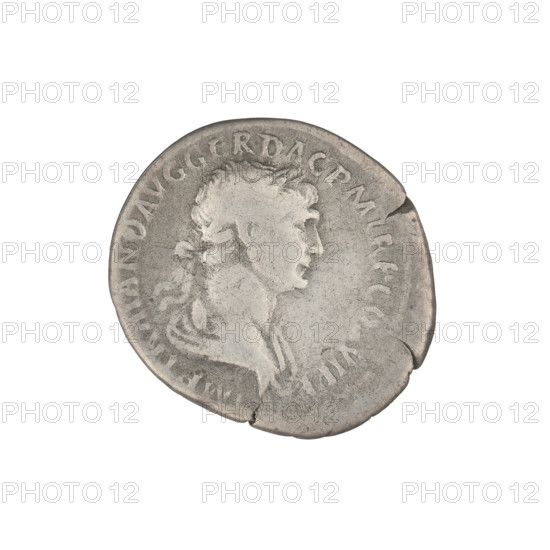 Denarius, Trajan (53–117; Roman emperor 98–117). Obverse: head of Trajan in laurel wreath facing right; rim inscription: IMP CAES NER TRAIANO OPTIM AVG GER DAC PM TRP COS VI PP. Reverse: Mars striding right, completely naked, cloak on shoulders, helmet on head, spear in right hand, trefoeum in left hand resting on left shoulder; rim inscription: SPQR OPTIMO PRINCIPI. Date: 112–117. Roman Empire (27 BC–476), Rome. Coin; weight 3.05 g.