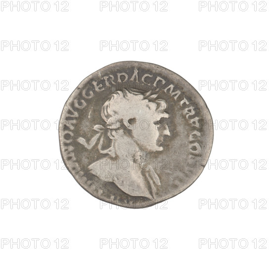 Denarius, Trajan (53–117; Roman emperor 98–117). Obverse: head of Trajan in laurel wreath facing right; rim inscription: IMP CAES NER TRAIANO OPTIM AVG GER DAC PM TRP COS VI PP. Reverse: Mars walking right, completely naked, cloak on shoulders, helmet on head, spear in right hand, trefoeum in left hand resting on left shoulder; rim inscription: SPQR OPTIMO PRINCIPI. 112–117 CE. Roman Empire (27 BC–476). Rome. Coin; weight 3.32 g.