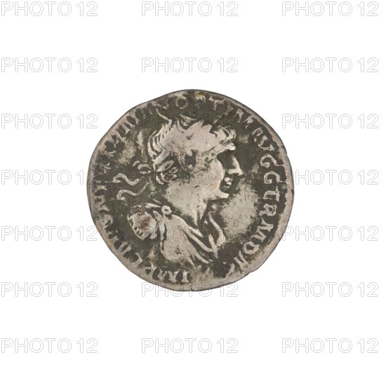 Denarius of Trajan (53–117; Roman emperor 98–117), 112–117. Obverse: head of Trajan in laurel wreath facing right; rim inscription. Reverse: Mars striding right, completely naked, cloak on shoulders, helmet on head, spear in right hand, trefoeum in left hand resting on left shoulder; rim inscription: PARTHICO PM TRP COS VI PP SPQR. Rome, Roman Empire (27 BC–476). Coin; weight 2.75 g.