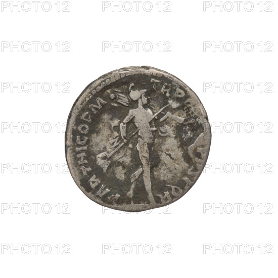 Denarius of Trajan (reigned 98–117), 112–117. Obverse: head of Trajan in laurel wreath facing right; rim inscription. Reverse: Mars striding right, completely naked, cloak on shoulders, helmet on head, spear in right hand, trefoeum in left hand resting on left shoulder; rim inscription: PARTHICO PM TRP COS VI PP SPQR. Roman Empire, Rome. Coin, weight 2.75 g.