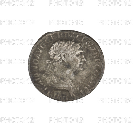 Denarius of Trajan (53–117; Roman emperor 98–117). Obverse: head of Trajan in laurel wreath facing right; rim inscription 'IMP TRAIANO OPTIMO AVG GER DAC PM TRP COS VI PP.' Reverse: Mars walking right, completely naked, cloak on shoulders, helmet on head, spear in right hand, trefoeum in left hand resting on left shoulder; rim inscription 'SPQR OPTIMO PRINCIPI.' Date: 112–117. Roman Empire (27 BC–476), Rome. Coin; weight 2.80 g.
