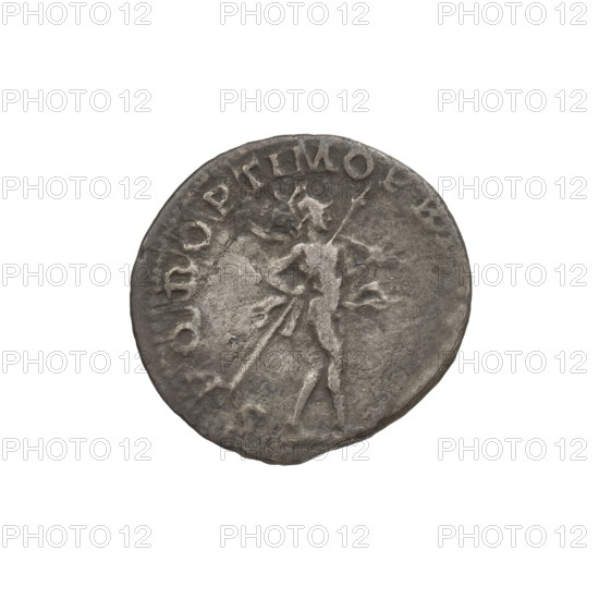 Denarius of Trajan (53–117; Roman emperor 98–117). Obverse: head of Trajan in laurel wreath facing right; rim inscription IMP TRAIANO OPTIMO AVG GER DAC PM TRP COS VI PP. Reverse: Mars walking right, completely naked, cloak on shoulders, helmet on head, spear in right hand, trefoeum in left hand resting on left shoulder; rim inscription SPQR OPTIMO PRINCIPI. Date: 112–117. Roman Empire (27 BC–476), Rome. Coin, weight 2.80 g.