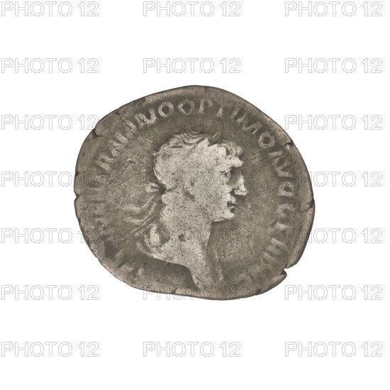 Denarius, Trajan (53–117; Roman emperor 98–117). Obverse: head of Trajan in laurel wreath facing right; rim inscription: IMP TRAIANO OPTIMO AVG GER DAC PM TRP. Reverse: Mars walking right, completely naked, cloak on shoulders, helmet on head, spear in right hand, trefoeum in left hand resting on left shoulder; rim inscription: COS VI PPS PQR. Date: 112–117. Roman Empire (27 BC–476), Rome. Coin, weight 2.81 g.