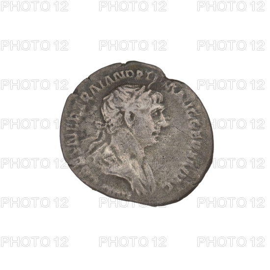 Denarius, Trajan (53–117; Roman emperor 98–117). Obverse: head of Trajan in laurel wreath facing right; rim inscription: IMP TRAIANO OPTIMO AVG GER DAC. Reverse: Mars striding right, completely naked, cloak on shoulders, helmet on head, spear in right hand, trefoeum in left hand resting on left shoulder; rim inscription: PARTIHCO PM TRP COS VI PPSPQR. Date: 112–117. Roman Empire (27 BC–476), Rome. Coin; weight 3.04 g.