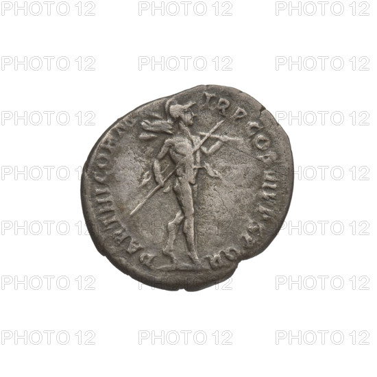 Denarius, Trajan (53–117; Roman emperor 98–117). Obverse: head of Trajan in laurel wreath facing right; rim inscription: IMP TRAIANO OPTIMO AVG GER DAC. Reverse: Mars striding right, completely naked, cloak on shoulders, helmet on head, spear in right hand, trefoeum in left hand resting on left shoulder; rim inscription: PARTIHCO PM TRP COS VI PPSPQR. Dated 112–117. Coin, weight 3.04 g. Roman Empire (27 BC–476).