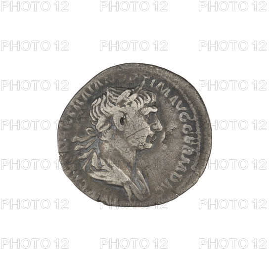 Denarius, Trajan (53–117; Roman emperor 98–117). Obverse: head of Trajan in laurel wreath facing right; rim inscription: IMP TRAIANO OPTIMO AVG GER DAC. Reverse: Mars striding right, completely naked, cloak on shoulders, helmet on head, spear in right hand, trefoeum in left hand resting on left shoulder; rim inscription: PARTIHCO PM TRP COS VI PPSPQR. Date: 112–117. Roman Empire (27 BC–476), Rome. Coin, weight 2.80 g.