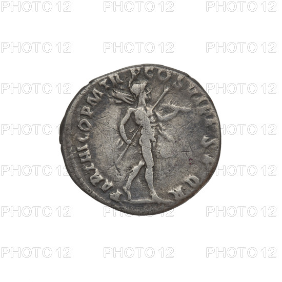 Denarius, Trajan (53–117; Roman emperor 98–117). Obverse: head of Trajan in laurel wreath facing right; rim inscription: IMP TRAIANO OPTIMO AVG GER DAC. Reverse: Mars striding right, completely naked, cloak on shoulders, helmet on head, spear in right hand, trefoeum in left hand resting on left shoulder; rim inscription: PARTIHCO PM TRP COS VI PPSPQR. Date: 112–117. Roman Empire (27 BC–476), Rome. Coin; weight 2.80 g.