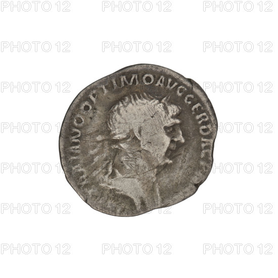 Denarius of Trajan (53–117; Roman emperor 98–117). Obverse: head of Trajan in laurel wreath facing right; rim inscription IMP TRAIANO OPTIMO AVG GER DAC P. Reverse: Mars striding right, completely naked, cloak on shoulders, helmet on head, spear in right hand, trophy in left hand resting on left shoulder; rim inscription COS VI PPSPQR. 112–117 CE. Roman Empire (27 BC–476). Rome. Coin; weight 2.68 g.