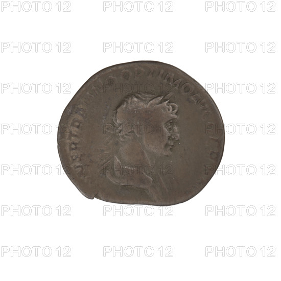 Denarius of Trajan (53–117; Roman emperor 98–117). Obverse: head of Trajan in laurel wreath facing right; rim inscription IMP TRAIANO OPTIMO AVG GER DAC. Reverse: Mars striding right, completely naked, cloak on shoulders, helmet on head, spear in right hand, trophy in left hand resting on left shoulder; rim inscription PM TRP COS VI. Date: 112–117. Roman Empire (27 BC–476), Rome. Coin; weight 3.12 g.