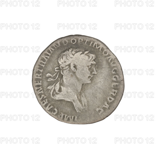 Denarius, Trajan (53–117; Roman emperor 98–117). Obverse: head of Trajan in laurel wreath facing right; rim inscription IMP CAES NER TRAIANO OPTIMO AVG GER DAC. Reverse: Mars striding right, completely naked, cloak on shoulders, helmet on head, spear in right hand, trophy in left hand resting on left shoulder; rim inscription PM TRP COS VI P P SP Q R. Date: 112–117. Roman Empire (27 BC–476). Rome. Coin. Weight: 3.27 g.