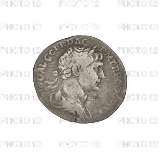 denarius, Trajan (53–117; Roman emperor 98–117); Obv.: head of Trajan in laurel wreath facing right; rim inscription: IMP TRAIANO OPTIMO AVG GER DAC PM TRP COS VI PP. Rev.: Mars striding right, completely nude, cloak on shoulders, helmet on head, spear in right hand, trophy in left hand resting on left shoulder; rim inscription: SPQR OPTIMO PRINCIPI. 112–117 CE. Roman Empire (27 BCE–476 CE). Rome. Coin. Weight 3.00 g.