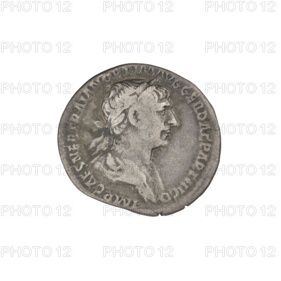 Denarius, Trajan (53–117; Roman emperor 98–117). Obverse: head of Trajan in laurel wreath facing right; rim inscription IMP TRAIANO OPTIMO AVG GER DAC PARTIHCO. Reverse: Mars, striding right, completely naked, cloak on shoulders, helmet on head, spear in right hand, trophy in left hand resting on left shoulder; rim inscription PM TRP COS VI PP SPQR. 112–117 CE. Roman Empire (27 BC–476). Rome. Coin; weight 3.10 g.