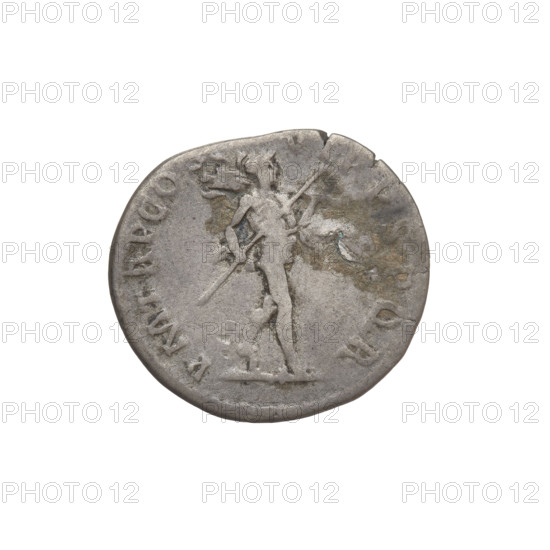 Denarius of Trajan (53–117; Roman emperor 98–117). Obverse: head of Trajan in laurel wreath facing right; rim inscription IMP TRAIANO OPTIMO AVG GER DAC PARTIHCO. Reverse: Mars striding right, completely naked, cloak on shoulders, helmet on head, spear in right hand, trophy in left hand resting on left shoulder; rim inscription PM TRP COS VI PP SPQR. Date: 112–117. Roman Empire (27 BC–476). Rome. Coin; weight 3.10 g.