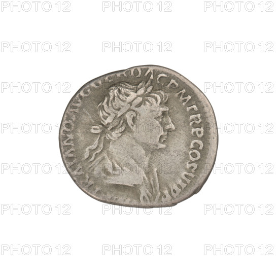 Denarius, Trajan (53–117; Roman emperor 98–117). Obverse: head of Trajan in laurel wreath facing right; rim inscription: IMP TRAIANO OPTIMO AVG GER DAC PM TRP COS VI PP. Reverse: Mars striding right, completely naked, cloak on shoulders, helmet on head, spear in right hand, trophy in left hand resting on left shoulder; rim inscription: SPQR OPTIMO PRINCIPI. Date: 112–117. Roman Empire (27 BC–476). Rome. Coin; weight 3.17 g.