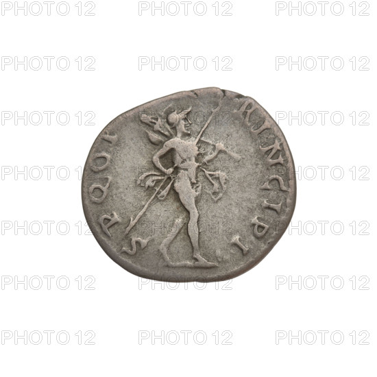 Denarius, Trajan (53–117; Roman emperor 98–117). Obverse: head of Trajan in laurel wreath facing right; rim inscription: IMP TRAIANO OPTIMO AVG GER DAC PM TRP COS VI PP. Reverse: Mars striding right, completely naked, cloak on shoulders, helmet on head, spear in right hand, trophy in left hand resting on left shoulder; rim inscription: SPQR OPTIMO PRINCIPI. Date: 112–117. Roman Empire (27 BC–476), Rome. Coin, weight 3.17 g.