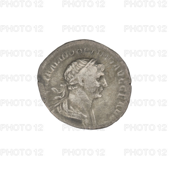 denarius, Trajan (53–117; Roman emperor 98–117); Obv.: head of Trajan in laurel wreath facing right; rim inscription: IMP TRAIANO OPTIMO AVG GER DAC. Rev.: Mars striding right, completely naked, cloak on shoulders, helmet on head, spear in right hand, trophy in left hand resting on left shoulder; rim inscription: PM TRP COS VI P P S P Q R. 112–117. Rome; Roman Empire (27 BC–476). Coin; weight 2.65 g.