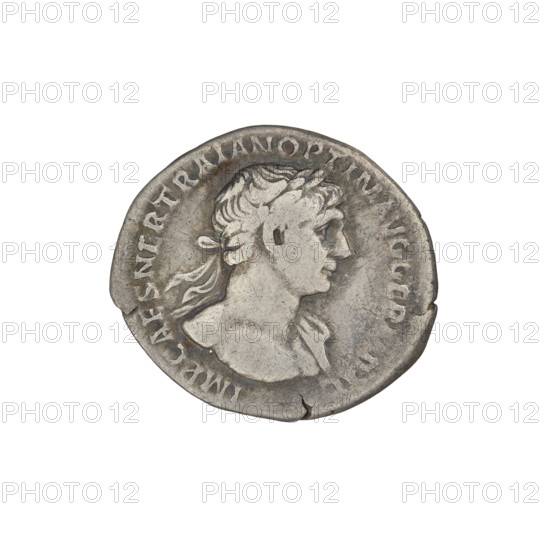 Denarius of Trajan (53–117; Roman emperor 98–117). Obverse: head of Trajan in laurel wreath facing right; rim inscription IMP CAES NER TRAIANO OPTIMO AVG GERM DAC. Reverse: Mars striding right, completely naked, cloak on shoulders, helmet on head, spear in right hand, trophy in left hand resting on left shoulder; rim inscription PARTIHCO PM TRP COS VI PPSPQR. Date: 112–117. Roman Empire (27 BC–476), Rome. Coin; weight 3.21 g.