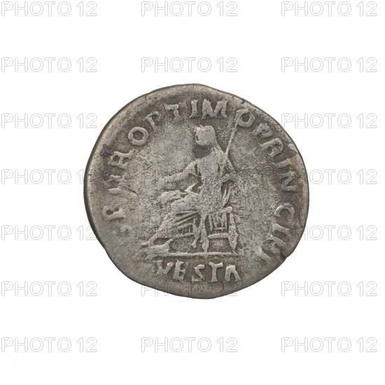 Denarius, Trajan (53–117; Roman emperor 98–117). Obverse: head of Trajan in laurel wreath facing right; rim inscription 'IMP TRAIANO OPTIMO AVG GER DAC PM TRP COS VI PP'. Reverse: Vesta seated left, wearing a long robe, holding a palladium in her outstretched right hand and a scepter in her left; rim inscription 'SPQR OPTIMO PRINCIPI'; legend 'VESTA'. Date: 112–117. Roman Empire (27 BC–476). Rome. Coin. Weight: 2.93 g.