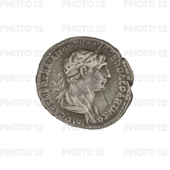 Denarius, Trajan (53–117; Roman emperor 98–117). Obverse: head of Trajan in laurel wreath facing right; rim inscription 'IMP CAES NER TRAIAN OPTIMO AVG GER DAC PARTHICO'. Reverse: Virtus standing right, dressed in military attire, wearing a helmet, left foot on a helmet, holding a spear vertically in her right hand and a parazonium upwards in her left; rim inscription 'PM TR P COS VI PP SPQR'. Date: 112–117. Roman Empire (27 BC–476). Rome. Coin. Weight: 3.24 g.