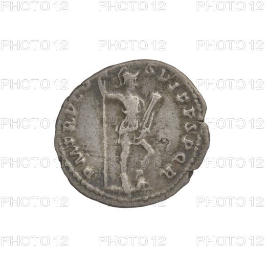 Denarius of Trajan (53–117 CE; emperor 98–117). Obverse: head of Trajan in laurel wreath facing right; rim inscription 'IMP CAES NER TRAIAN OPTIMO AVG GER DAC PARTHICO'. Reverse: Virtus standing right, dressed in military attire, wearing a helmet, left foot on a helmet, holding a spear vertically in her right hand and a parazonium upward in her left; rim inscription 'PM TR P COS VI PP SPQR'. Date: 112–117 CE. Roman Empire. Coin; weight 3.24 g.