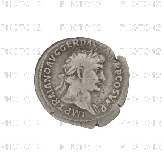 Denarius, Trajan (53–117; Roman emperor 98–117). Obverse: head of Trajan with laurel wreath facing right; rim inscription 'IMP TRAIANO AVG GER DAC PM TR P COS VI PP.' Reverse: Virtus (personification) standing right in military dress, wearing a helmet, left foot on a helmet; in her right hand a vertical spear pointing downwards, in her left hand a parazonium upwards; rim inscription 'SPQR OPTIMO PRINCIPI.' Date: 112–117. Roman Empire (27 BC–476), Rome. Coin, weight 3.17 g.