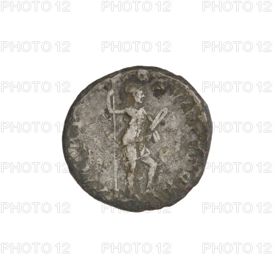 Denarius, Trajan (53–117; Roman emperor 98–117). Obverse: head of Trajan in laurel wreath facing right; rim inscription illegible. Reverse: Virtus standing right, dressed in military attire, wearing a helmet, left foot on a helmet, holding a spear vertically in her right hand and a parazonium upwards in her left hand; rim inscription. Date: 112–117. Roman Empire (27 BC–476). Rome. Coin. Weight: 2.51 g.