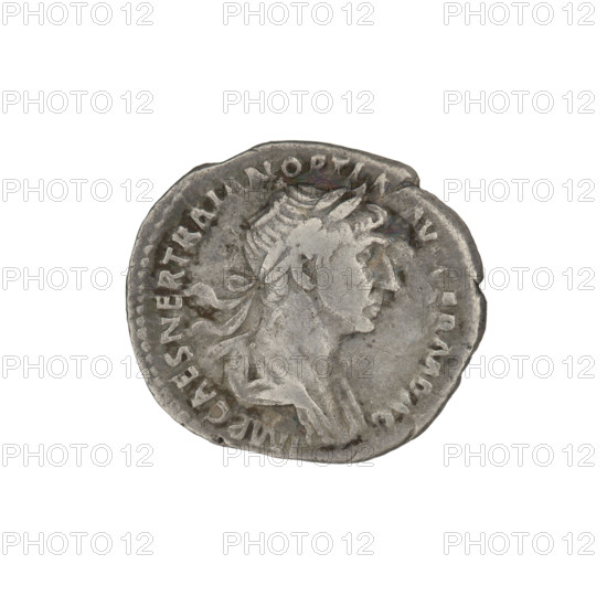 Denarius, Trajan (53–117; Roman emperor 98–117). Obverse: head of Trajan in laurel wreath facing right; rim inscription: IMP CAES NER TRAIAN OPTIMO AVG GER DAC. Reverse: Virtus standing right, dressed in military attire, wearing a helmet, left foot on the helmet, holding a spear vertically in her right hand and a parazonium upward in her left; rim inscription: PARTHICO PM TR P COS VI PP SPQR. Date: 112–117. Roman Empire (27 BC–476), Rome. Coin; weight 3.75 g.