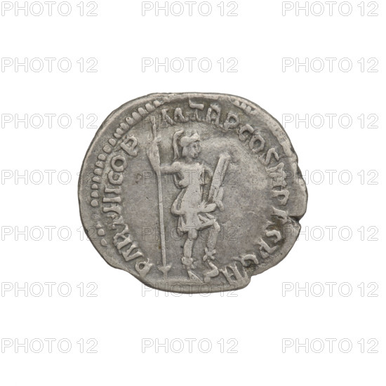 Denarius, Trajan (53–117; Roman emperor 98–117). Obverse: head of Trajan in laurel wreath facing right; rim inscription: IMP CAES NER TRAIAN OPTIMO AVG GER DAC. Reverse: Virtus standing right, dressed in military attire, wearing a helmet, left foot on a helmet, holding a spear vertically in her right hand and a parazonium upward in her left; rim inscription: PARTHICO PM TR P COS VI PP SPQR. Date: 112–117. Roman Empire (27 BC–476), Rome. Coin; weight 3.75 g.