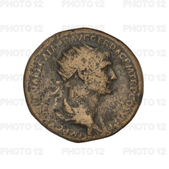 Dupondius, Trajan (53–117; Roman emperor 98–117). Obverse: head of Trajan in a radiant crown facing right; rim inscription 'IMP CAES NER TRAIAN OPTIMO AVG GER DAC PM TR P COS VI PP'. Reverse: Felicitas (personification) standing left in a long robe, holding a caduceus in her right hand and a cornucopia in her left, with the letters 'SC' on either side; rim inscription 'FELICITAS AVGVST'. 115–116 CE, Rome, Roman Empire (27 BC–476). Coin; weight 13.00 g.