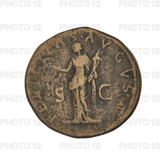 dupondius, Trajan (53–117; Roman emperor 98–117), laurel wreaths, Felicitas (personification), cornucopias, heads. Obv.: head of Trajan in a radiant crown facing right; rim inscription: IMP CAES NER TRAIAN OPTIMO AVG GER DAC PM TR P COS VI PP. Rev.: Felicitas standing left in a long robe, holding a caduceus in her right hand and a cornucopia in her left, with the letters S C on either side; rim inscription: FELICITAS AVGVST. 115–116, Roman Empire (27 BC–476). Coin; weight 13.00 g.