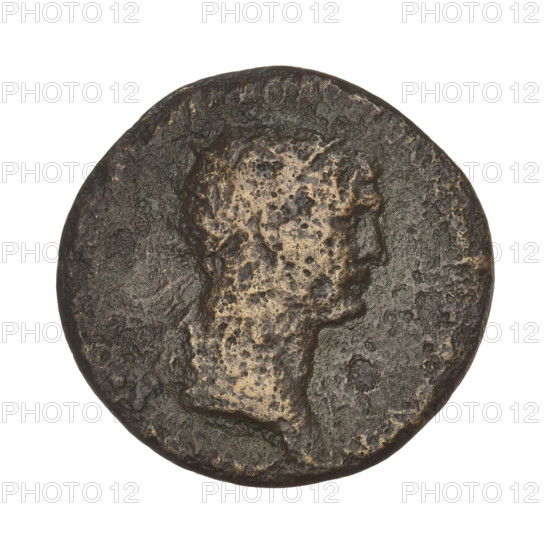 Dupondius of Trajan (53–117 CE; Roman emperor 98–117). Obverse: head of Trajan in a radiate crown; rim inscription illegible. Reverse: Pax seated left, wearing a long robe, holding twigs in her right hand and a cornucopia in her left; rim inscription illegible. Date: 115–116 CE. Roman Empire (27 BCE–476 CE). Rome. Coin; weight 9.35 g.