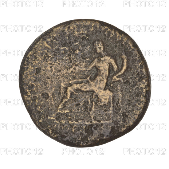 Dupondius, Trajan (53–117; Roman emperor 98–117). Obverse: head of Trajan in ray crown; rim inscription illegible. Reverse: Pax seated left, wearing a long robe, twigs in her right hand, cornucopia in her left; rim inscription illegible. 115–116 CE. Roman Empire (27 BC–476). Rome. Coin; weight 9.35 g.