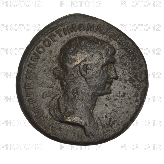 dupondius, Trajan (53–117; Roman emperor 98–117); obverse: head of Trajan in radiant crown; rim inscription: IMP CAES NER TRAIAN OPTIMO AVG GER DAC PM TR P COS VI PP; reverse: Felicitas standing left in long robe, holding a caduceus in her right hand and a cornucopia in her left, with the letters SC on either side; rim inscription: SENATVS POPVLVSQVE ROMANVS; dated 115–116; Roman Empire (27 BC–476); Rome; coin; weight 11.40 g