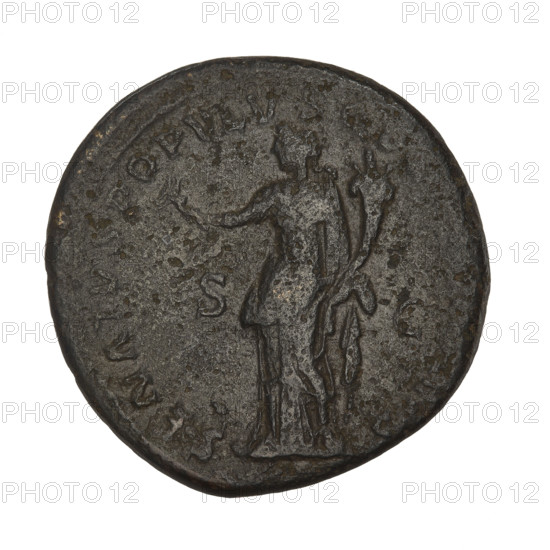 dupondius, Trajan (53–117; Roman emperor 98–117), radiant crowns, cornucopias, Felicitas (personification), heads. Obv.: head of Trajan in radiant crown; rim inscription: IMP CAES NER TRAIAN OPTIMO AVG GER DAC PM TR P COS VI PP. Rev.: Felicitas standing left in long robe, holding a caduceus in her right hand and a cornucopia in her left, with the letters SC on either side; rim inscription: SENATVS POPVLVSQVE ROMANVS. 115–116. Roman Empire (27 BC–476), Rome. Coin, weight 11.40 g.