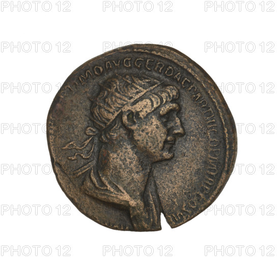 dupondius, Trajan (53–117; Roman emperor 98–117); obverse: bust of Trajan facing right with radiant crown, rim inscription 'IMP CAES NER TRAIANO OPTIMO AVG GER DAC PARTHICO PM TR P COS VI PP'; reverse: Trajan in military garb striding right between two trophies, head turned left, right hand stretched to a trophy, scepter in left, rim inscription 'SENATVS POPVLVSQVE ROMANVS'; dated 116–117; Roman Empire (27 BC–476); Rome; coin; weight 9.98 g