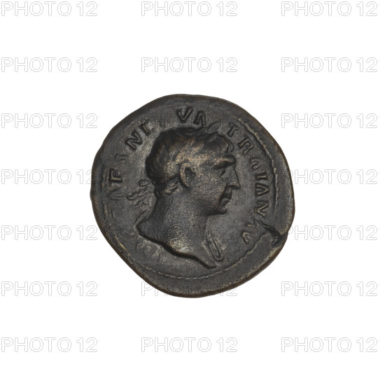 Quarter (coin) of Trajan (53–117; Roman emperor 98–117). Obverse: head of Trajan right in a laurel wreath; rim inscription: IMP CAES NERVA TRAIAN AVG. Reverse: table decorated with panels, on top an urn decorated with a palm and a laurel wreath; in the field: SC. Date: 114–117. Roman Empire (27 BC–476). Rome. Coin. Weight: 2.95 g.