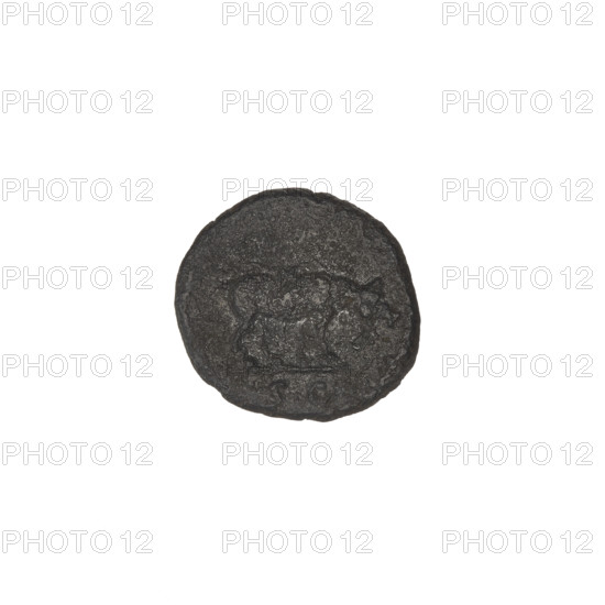 Quarter, Trajan (53–117; Roman emperor 98–117), boars, laurel wreaths, heads. Obv.: head of bearded Trajan/Hercules in laurel wreath facing right; rim inscription illegible. Rev.: boar facing right with lowered head, below it the letters SC. 114–117. Roman Empire (27 BC–476), Rome. Coin, weight 2.57 g.