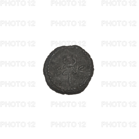 Quarter (coin) of Trajan (53–117; Roman emperor 98–117), 114–117, Rome, Roman Empire (27 BC–476). Obverse: head of Mercury wearing a winged hat facing right. Reverse: winged caduceus facing upward, flanked by the letters 'SC'. Coin; weight 2.20 g. Subjects/themes: caduceuses, Mercury (mythology), laurel wreaths, heads.