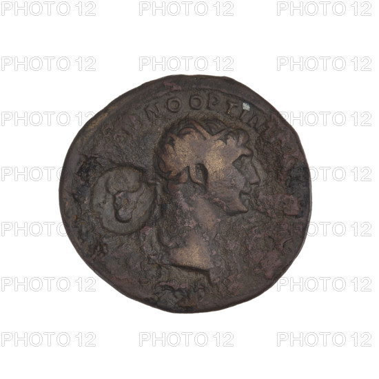 as - countermarked, Trajan (53–117; Roman Emperor 98–117), oak wreaths, radiant crowns, heads. Obv.: head of Trajan in radiant crown facing right; rim inscription: IMP CAES NER TRAIANO OPTIMO AVG GERM. Rev.: letters SC surrounded by an oak wreath; rim inscription: DAC PARTHICO PM TR POT XX COS VI PP. NOTE: Bucranium countermark, probably made when Trajan's troops were retreating from Parthia. 114–117, Roman Empire (27 BC–476), coin, weight 9.46 g