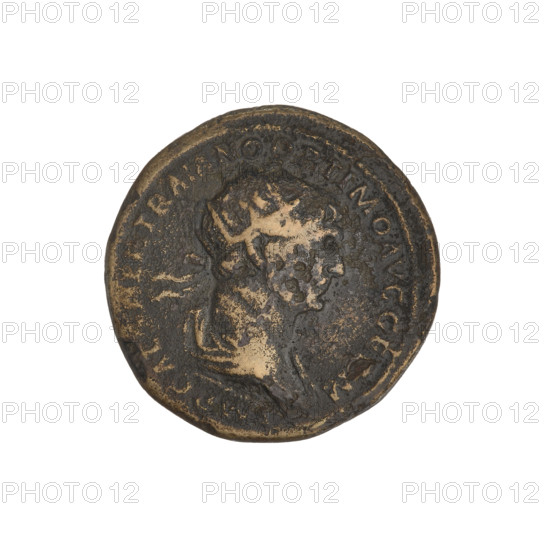 Trajan (53–117; Roman Emperor 98–117). Coin (Cyprus), 114–117. Obverse: head of Trajan in radiant crown facing right; rim inscription: IMP CAES NER TRAIANO OPTIMO AVG GERM. Reverse: letters SC surrounded by an oak wreath; rim inscription: DAC PARTHICO PM TR POT XX COS VI PP. Oak wreaths, radiant crowns, heads. Weight: 8.90 g. Roman Empire (27 BC–476).