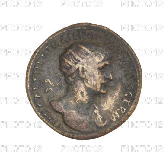 Trajan (53–117; Roman Emperor 98–117). Silver coin (weight 7.70 g), 114–117. Obverse: head of Trajan in radiant crown facing right; rim inscription: IMP CAES NER TRAIANO OPTIMO AVG GERM. Reverse: letters SC surrounded by an oak wreath; rim inscription: DAC PARTHICO PM TR POT XX COS VI PP. Oak wreaths; heads; Roman Empire (27 BC–476); Cyprus.