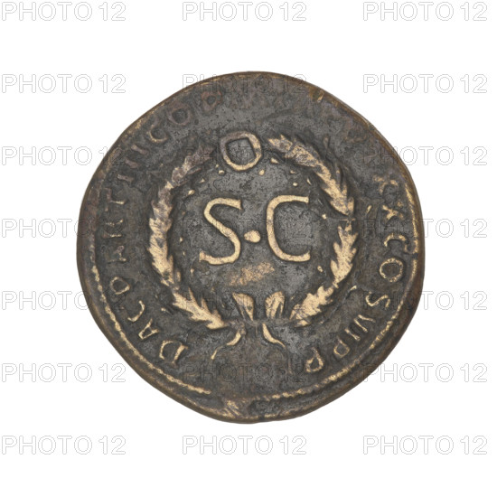Trajan (53–117; Roman Emperor 98–117). Obverse: head of Trajan in radiant crown facing right; rim inscription: IMP CAES NER TRAIANO OPTIMO AVG GERM. Reverse: letters SC surrounded by an oak wreath; rim inscription: DAC PARTHICO PM TR POT XX COS VI PP. Date: 114–117. Roman Empire (27 BC–476). Cyprus. Coin; weight 7.70 g. WQXBCFS