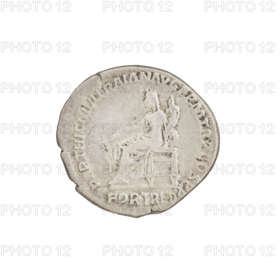 Denarius, Hadrian (76–138; Roman emperor 117–138). Obverse: Hadrian's head right, laurel wreath in hair; rim inscription: IMP CAES TRAIAN HADRIAN OPT AVG GER DAC. Reverse: Fortuna seated on a throne left, dressed in a long robe with draperies, holding a ship's rudder in her right hand and a cornucopia in her left; rim inscription: PARTHIC DIVI TRAIAN AVG FPM TR P COS PP. Episode inscription: FORT RED. Date: 117. Place: Rome, Roman Empire (27 BC–476). Coin; weight 3.32 g.