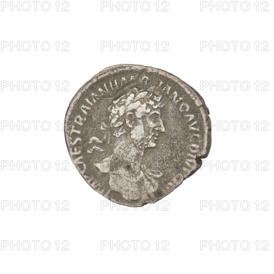 Denarius, Hadrian (76–138; Roman emperor 117–138). Obverse: Hadrian's head right, laurel wreath in hair; rim inscription: IMP CAES TRAIAN HADRIAN OPT AVG GER DAC. Reverse: Fortuna seated on a throne left, dressed in a long robe with draperies, holding a ship's rudder in her right hand and a cornucopia in her left; rim inscription: PARTHIC DIVI TRAIAN AVG FPM TR P COS PP. Episode inscription: FORT RED. Date: 117, Rome, Roman Empire (27 BC–476). Coin; weight 3.11 g.