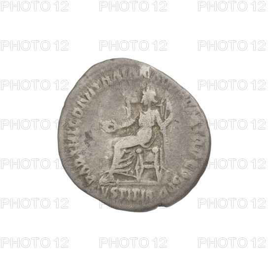 Denarius, Hadrian (76–138; Roman emperor 117–138). Obverse: head of Hadrian right, laurel wreath in hair; rim inscription: IMP CAES TRAIAN HADRIANO AVG DIVI TRA. Reverse: Iustitia seated on a throne left, wearing a long robe with draperies, holding a patera in her right hand and a caduceus in her left; rim inscription: PARTHICO DIVI NER NEP PM TR P COS. Section inscription: IVSTITIA. Date: 117. Place: Rome, Roman Empire (27 BC–476). Coin; weight 3.18 g.