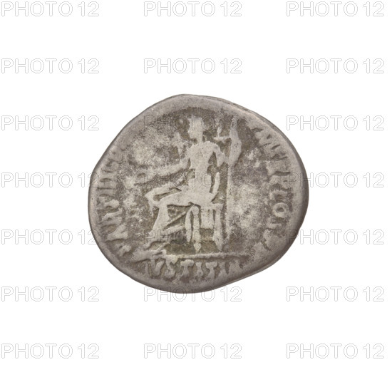 Denarius, Hadrian (76–138; Roman emperor 117–138). Obverse: head of Hadrian right, laurel wreath in hair; rim inscription: IMP CAES TRAIAN HADRIANO AVG DIVI TRA. Reverse: Iustitia seated on a throne left, wearing a long robe with draperies, holding a patera in her right hand and a caduceus in her left; rim inscription: PARTHI, RP COS; field inscription: IVSTITIA. 117 CE, Rome, Roman Empire (27 BC–476). Coin; weight 3.42 g.