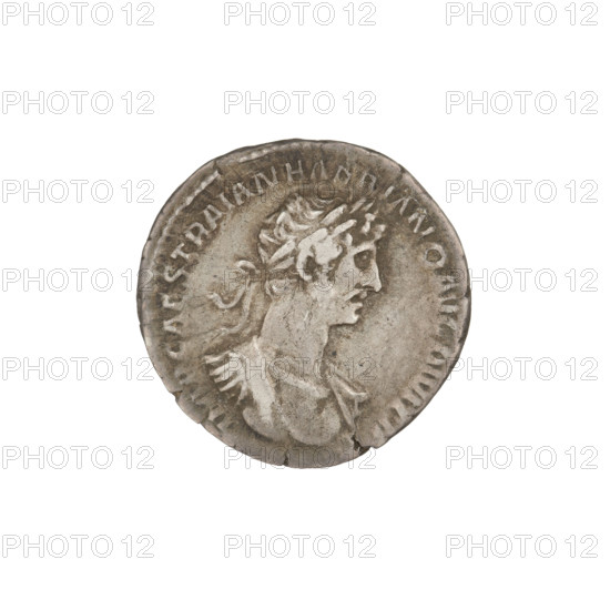 Denarius, Hadrian (76–138; Roman emperor 117–138). Obverse: bust of Hadrian right, laurel wreath in hair; rim inscription: IMP CAES TRAIAN HADRIANO AVG DIVI TRA. Reverse: Pax standing left, dressed in a long robe with draperies, holding a branch in her right hand and a cornucopia in her left; rim inscription: PARTH F DIVI NER NEP PM TR P COS; in the field inscription: PAX. 117, Rome, Roman Empire (27 BC–476). Coin; weight 3.27 g.