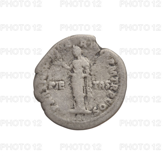 Denarius, Hadrian (76–138; Roman emperor 117–138). Obverse: bust of Hadrian facing right, laurel wreath in hair; rim inscription 'IMP CAES TRAIAN HADRIANO AVG DIVI TRA'. Reverse: Pietas (personification) standing left, wearing a long robe with draperies, right hand raised, left hand at chest; rim inscription 'PM TR P COS'; on both sides the inscription 'PIETAS'. Date: 117. Place: Rome, Roman Empire (27 BC–476). Coin, weight 2.45 g.